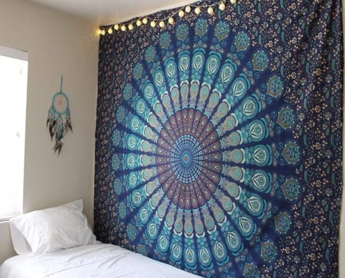 J26 Wandteppich Indisch Art Wandbehang Indien Mandala Bohemian Hippie Psyschedelisch Tischdecke Tapestry Strandtuch Wandtuch Zimmer Tagesdecke Deko (Blau 150x200 cm)