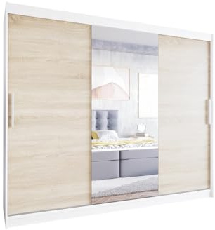 Easy4You L1 250 cm Weiß/Sonoma Schiebetüren Kleiderschrank 250x215x58 cm mit Spiegel - Schlafzimmermöbel, Aufbewahrung - Mehrzweckschrank