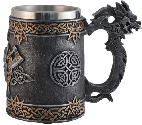VOGLER Joh. Vogler GmbH Chope viking avec tête viking et haches, pierre artificielle, volume : 350 ml, coloré à la main, avec insert en acier inoxydable
