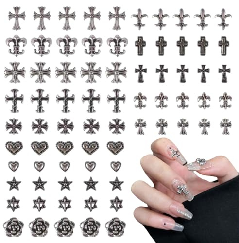 Youery 75 Pièces Croix Charmes Ongles, Punk Vintage Art Des Ongles Accessoires, Breloques pour Ongles 3D Croix en Métal, Style Mixte Sliver Nail Charms, Décorations Nail Art