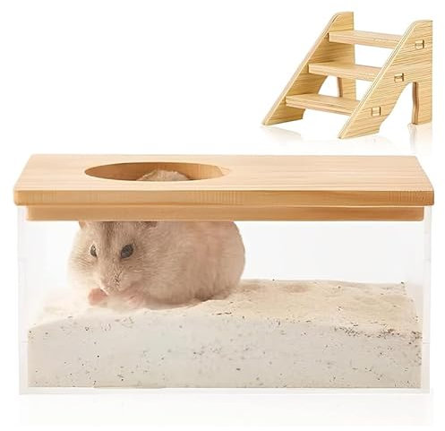 Bimhayuu Hamster Sandbad groß, Hamster Sandbad Behälter mit Kletterleiter, Acryl Hamster Grabkasten mit Holzabdeckung, Sandbad für Hamster Kleintiere (A)