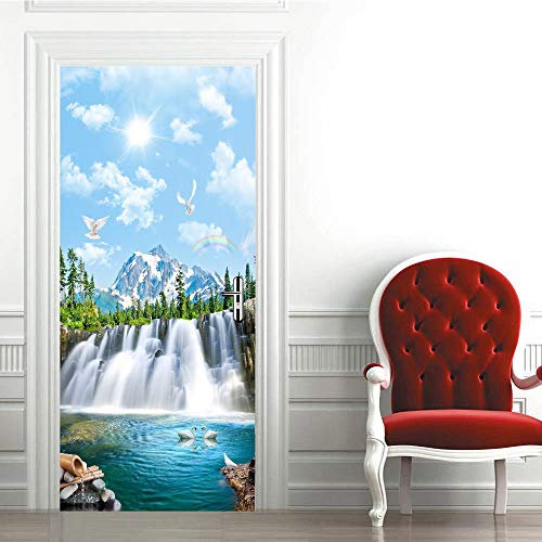 Türaufkleber Selbstklebend 3D Türtapete TürPoster Fototapete PVC Türfolie Abnehmbar und Aufkleben Wasserdichte Wandtapete für Wohnzimmer Schlafzimmer Küche 90x205 cm Wasserfalllandschaft