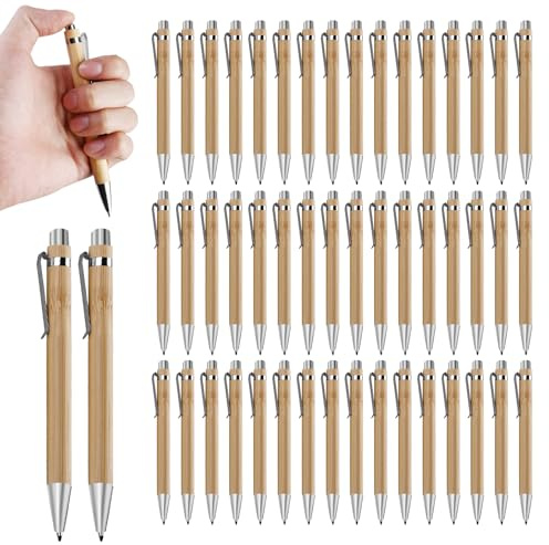 Sporgo Set di 50 penne a sfera a forma di bambù, con incisione, per ufficio e scuola, regalo di esame, colore nero