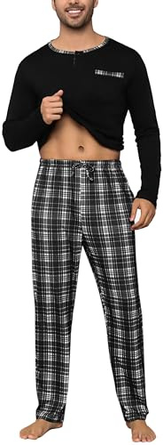 Litherday Pyjama Homme Hiver Pyjama Homme Coton à Ensembles de Pyjama Manches Longues Vêtements De Nuit pour Hommes Deux Pièces Pantalon et Haut à Carreaux Noir L