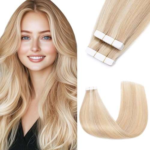 Benehair Tape in Extensions Echthaar, Invisible Tape Extensions Echt Haar, 40CM Haarverlängerung Echthaar Tapes, Remy Natural Tapes Extensions Echthaar, 10Pcs 15g Kamel Gemischt Hellgold #18P613