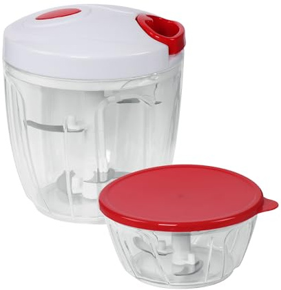 STONELINE Multi-Zerkleinerer manuell ohne Strom 12-teiliges Set 900 + 400 ml rot, mit Edelstahlklingen für Gemüse Obst Zwiebeln Nüsse Knoblauch, Schneebesen, Reibe, Zitruspresse, Multizerkleinerer