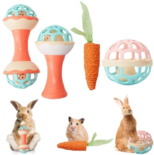 FIDWALL 4 Pezzi Set di giocattoli per conigli Bell Ball con giocattolo da masticare carota per piccoli animali domestici,sicuro,durevole e divertente per giochi al chiuso e all'aperto