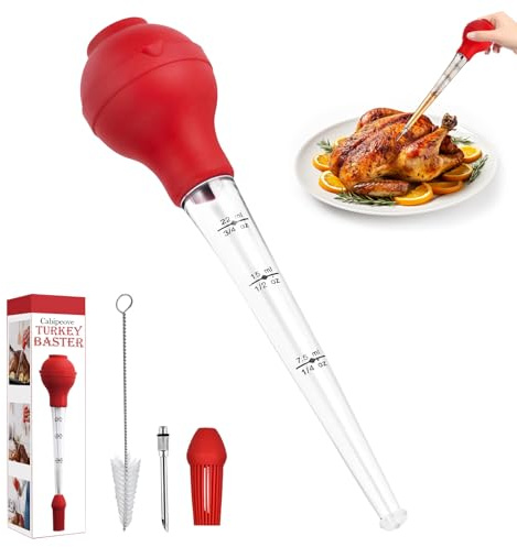 Cabipeove Turkey Baster,Food Grade Baster for Cooking,Baster Syringe for Basting Roaster Turkey and Home Baking,Baster Tool with Detachable Silicone Bulb,Cleaning Brush,Marinade Injector Needles (Red)