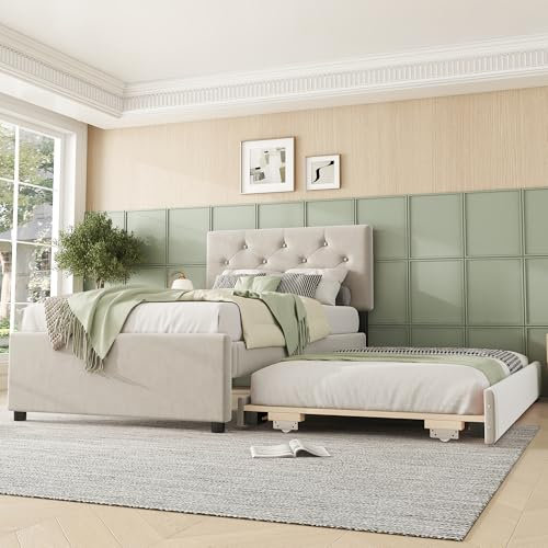 Polsterbett, 90x200cm, Bett mit Lattenrost (ohne Matratze), Bett mit Rollcontainer, Samt, Minimalistisch, Beige