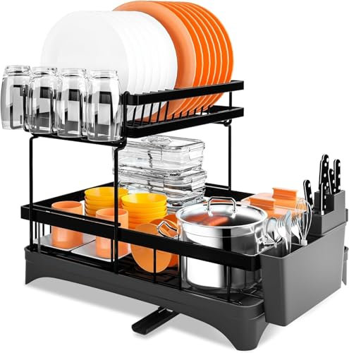 Averrex Dish Drainer Rack, 2 Tier Dish Drying Rack with Drip Tray, Detachable Large Capacity Drying Rack with Utensil Holder and Cups Holder for Kitchen Countertop (Black)