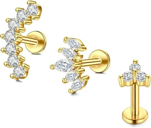 Briana Williams Tragus Örhänge Platt Tillbaka 16 g Silver Diamant Läpp Labret Bar 6 mm 8 mm Stud Helix Piercing Smycken, 1.2 mm, Rostfritt stål