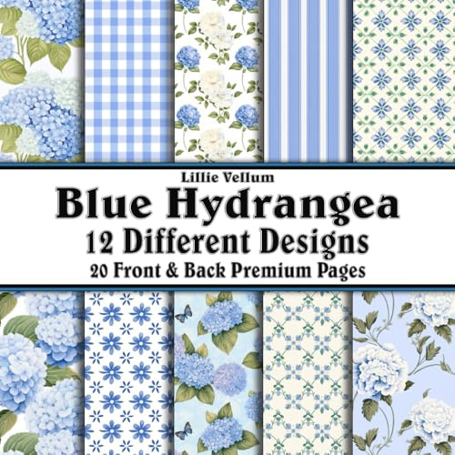 Scrapbook Paper - 20 Front and Back Premium Color Pages: Blue Hydrangea - Spring Blossoms and Patterns in Stunning Sky Aqua Teal Seafoam and Green - 8.5x8.5
