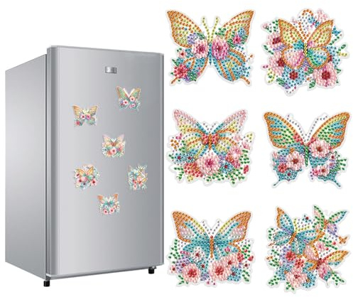 JICFDAO 6 stycken fjärilsdiamantmålning magneter, kylskåpsmagneter, klistermärken, gör-det-själv diamantmålning, klistermärken, heminredning, för magnettavla, whiteboard, hantverk