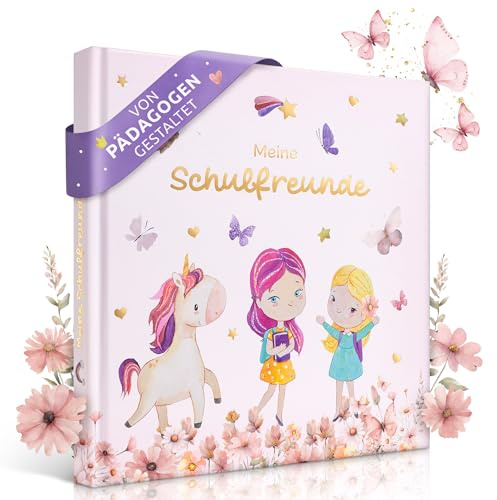 EULENTALER Freundebuch Schule Mädchen Einhorn | Von Pädagogen gestaltet | Mit handgemalten Einhörnern, Schmetterlingen, Blumen und Goldprägung, Schulfreundebuch Geschenk zur Einschulung 2026