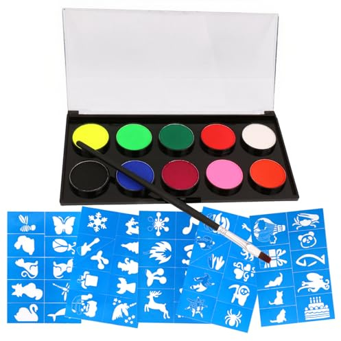 Xgvzs 1 Stück Kinderschminke Set Wasservermalbar Kinderschminke Fasching 10 Schminkfarben 48 Schablonen Schminkfarben Face Paint Set für Karneval Party
