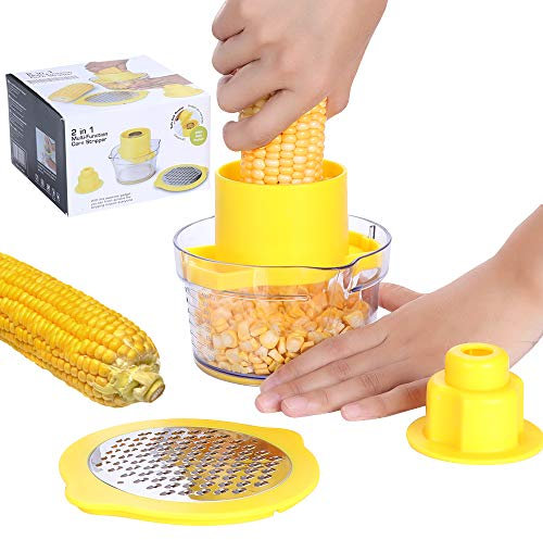 Pelador y pelador de maíz, removedor de granos de acero inoxidable con rallador de tazas, cortador de mazorcas multiusos para jengibre, ajo y queso, herramienta de cocina segura