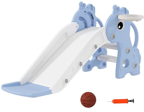 AIYAPLAY 3 in 1 Kids Slide, Giraffe Shape Toddler Slide with Climber, Basketball Hoop and Ball, Indoor Playground Equipment for Age 1-3, Blue