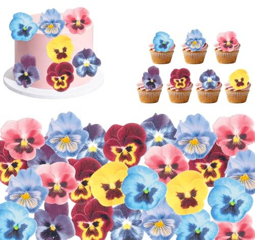 60stk Essbare Blumen Kuchen Dekorationen, Tricolor Viola Essbare Blüten Cupcake Topper Oblaten Papier Kuchen Topper Dekorationen für Hochzeit Baby Shower Frühling Braut Geburtstag Party