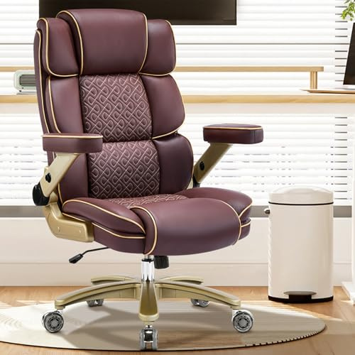 Bürostuhl, Chefsessel Ergonomisch bis 230kg, Big and Tall Schreibtischstuhl mit 5D-Armlehnen, Schwerlast Hoher Rücken mit Verstellbare Lendenstütze für Büro & Home Office, Leder Braun