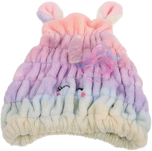 TEHAUX Saugfähiger Haartuch Wickel Einhorn aus Polyester Fleece Schnell Trocknende Haartrocknungshaube für Frauen Weiche Duschhaube zum Haare Trocknen und Duschen