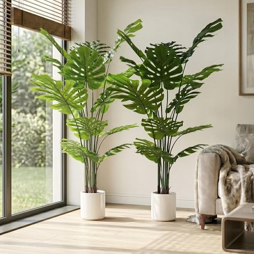 BEAUTYPEAK Planta artificial de 150 cm, planta artificial de Monstera, aspecto real con maceta blanca, estable, hojas flexibles, decoración para sala de estar, dormitorio, oficina, pasillo, planta