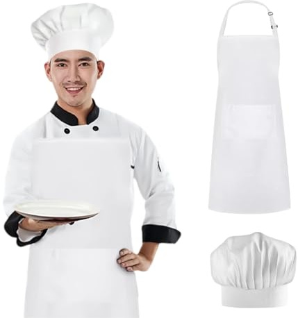 Miayical Set di Cappello e Grembiule da Cuoco,Bianco Cappello da Chef Colore Bianco,Regolabili Grembiuli da Chef,Adatto per Cucinare,Cucine,Giardini,Ristoranti,Bar e Altri Luoghi Simili