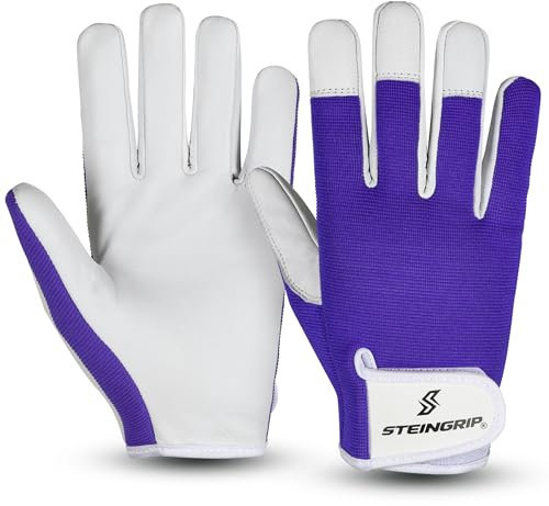STEINGRIP® ColorLine Gartenhandschuhe Damen Herren – Atmungsaktive Arbeitshandschuhe mit Lederhandfläche Leichte Allround Grip Handschuhe für Gartenarbeit Pflanzen Schneiden DIY Outdoor (Lila, L)