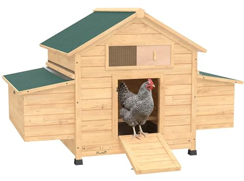 PawHut Pollaio in Legno con 2 Nidi, Pollaio per Galline da Esterno con Tetto Apribile Impermeabile, Vassoio Estraibile e Trespoli, Casetta per 2-4 Galline, Anatra, Giardino, 150x100x96.5 cm, Giallo