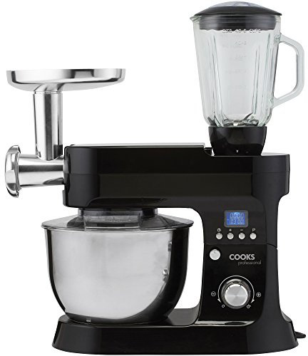 Cooks Professional Stand Mixer & Mincer 1200W | Electric Food Mixer with Pulse Setting | 6.2 Litre Stainless Steel Bowl | Blending Jug, Dough Hook, Whisk, Beater & Splash Guard | Black