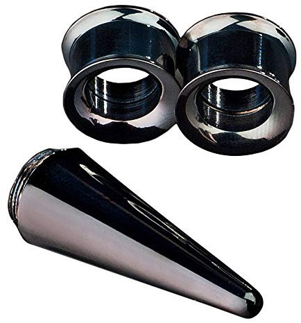 viva-adorno 3er Set Edelstahl Dehnungsset 1 Dehnungsstab + 2 Flesh Tunnel Plug schwarz oder silber Größe 4-12mm EX10, schwarz 12mm