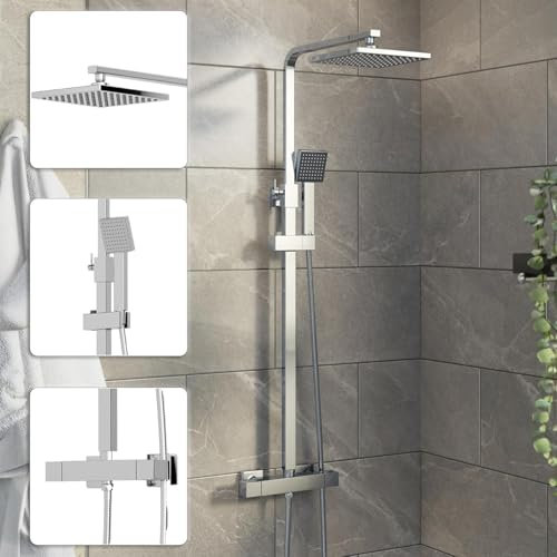 Architeckt Thermostatic Mixer Shower Set Square Rainfall Drencher Head, Handheld Shower, Adjustable Riser Rail & Exposed Bar Valve, Wall-Mounted Chrome Bathroom Shower System