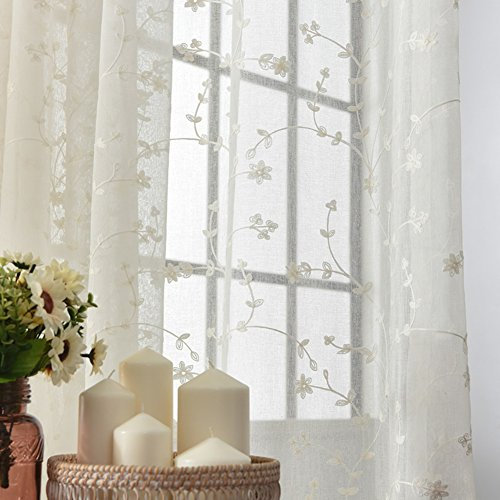 Cotone e Lino Tenda in Tulle, Finestra Scree Ricamo Garza per Camera da Letto Soggiorno Balcone Bovindo Tendaggi-Bianca 300x270cm(118x106inch)