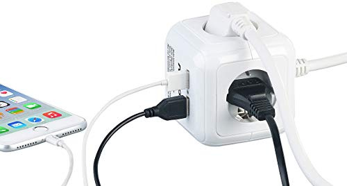 revolt Steckerwürfel: 4-fach-Steckdosen-Würfel mit 2 USB-Ladeports und Halterung (Steckdosenwürfel ohne Kabel, Mehrfachstecker Würfel, PC)