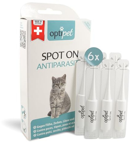OptiPet Spot On Pipetten für Katzen 6x1ml - Hochwirksame Tropfen gegen Milben, Flöhe, Zecken & Läuse - Parasiten Abwehr Schutz bis zu 24 Wochen - Flohschutz, Zeckenschutz, Zeckenmittel für Katzen