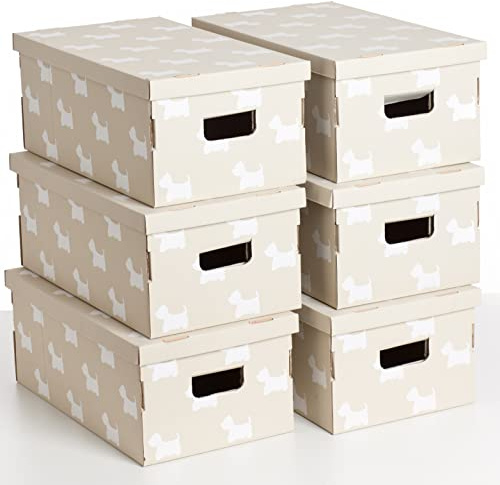 Set med 6 stycken förvaringslådor med lock FSC-certifierat papper, hundar, kartong, förvaringslåda, stapelbara låda av kartong, låda med handtag, flyttlådor, 29 x 51 x 20 cm, beige