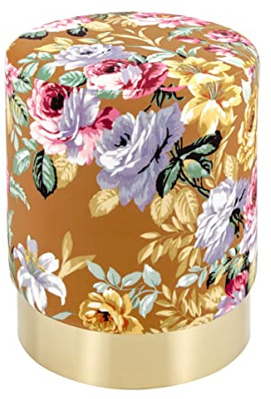 Baroni Home Pouf Cilindrico in Velluto con Base Dorata, Fiori Variopinti base Cognac, 35x35x42 cm