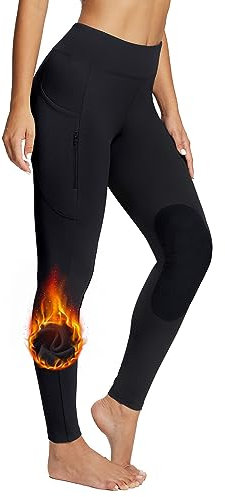 baleaf Damen Reithose Winter Reitleggings Kniebesatz wasserabwiesend Thermoleggings gefüttert mit Handytasche für Frauen Mädchen Schwarz L
