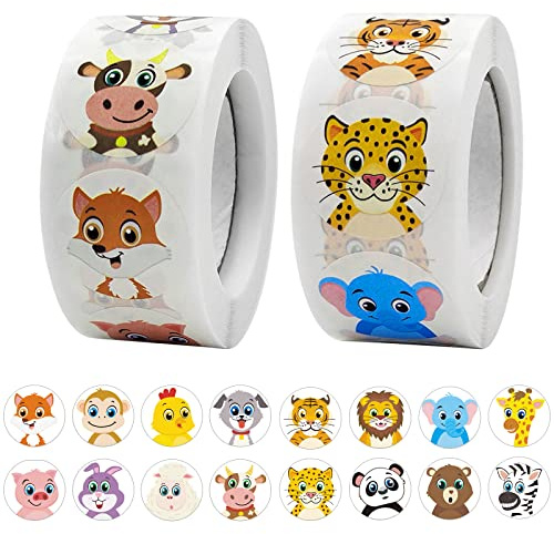 2 Rouleaux Stickers Animaux Ronds,1000pcs 2.5cm Autocollants de Récompense et Motivation,Autocollants d'Etiquette Self-Adhesive pour Enfant Décoration Pâques Cadeau Enveloppe Récompense d'Enseignant