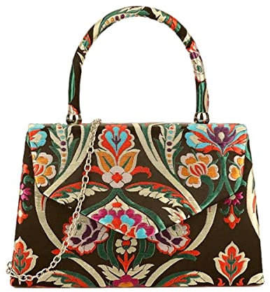 Purple Possum® Grab Bag Top Handle Damen Handtasche Bestickte Blumen Blumenmuster Clutch Bag Schultertasche Blau Rot Gelb Grün (Schwarz), Schwarz, Mehrfarbig