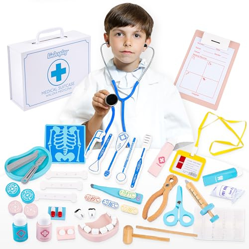 Green Series Valigetta del Dottore in Legno per Bambini – 39 Pezzi Completi – Gioco di Ruolo da 3+ Anni con Strumenti Medici e Dentista – Valigetta 26 x 18 x 8 cm, GS9931