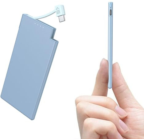 Auskang 5000mAh Power Bank with built-in Type-C Cable, Ultra Slim and Super Lightweight Portable Charger Small External Battery, Compatible with Samsung, Xiaomi, Sony, iPhone 15 Series,etc.- Blue