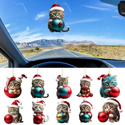 Angaekkot Weihnachtsbaum Katzen Anhänger,Niedlicher Acryl Katze Anhänger Weihnachts Deko,Lustiger Weihnachten Ornament,Acryl Katze Auto Anhänger,Christbaumschmuck Weihnachtsschmuck Geschenk (10PCS)