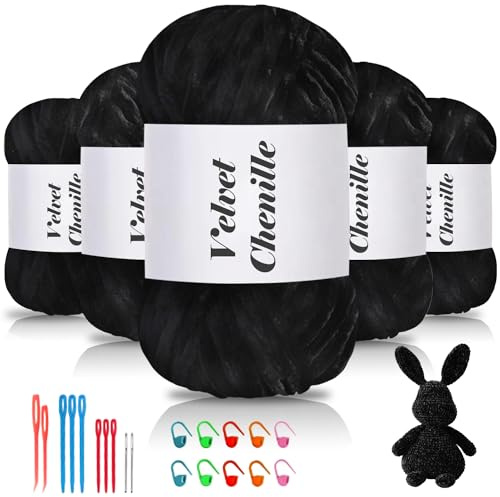 Maxee 500g(5×100g) Samtig Babywolle, Samt Chenille Garn mit Häkelwerkzeuge, Kuschelweich Velvet Chenillegarn Flauschige, Weich Plüschwolle Häkelgarn Wolle zum Stricken & Häkeln