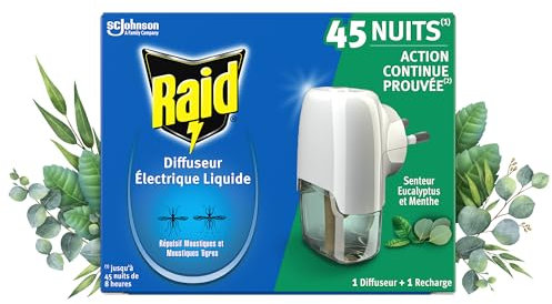Raid Prise Anti-Moustiques Électrique Liquide Répulsif Moustiques et Moustiques Tigres 45 Nuits - Senteur Eucalyptus et Menthe - 1 Diffuseur + 1 Recharge