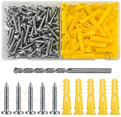 200 Stk Betonwand Dübel und schrauben Set, Wall Dübel und Flachkopfschrauben Set, 10# Schlitz Kreuzschlitzschrauben und Trockenbauanker Set für Trockenbaumauerwerk mit 1 Bohrer