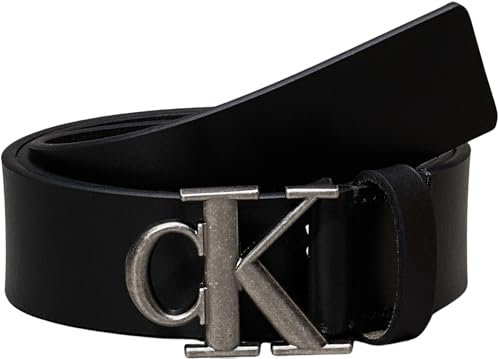 Calvin Klein Uomo Cintura Monogram Plaque 3,5 cm Cintura in Pelle, Nero (Black/Antique Silver), 115 cm