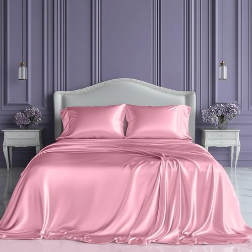 Sleep Sanctuary Sábanas de satén tamaño Queen: Juego de Cama Sedoso de Lujo de 4 Piezas, más Suave Que la Seda, Bolsillo Profundo de 15 Pulgadas, refrescante y sin Arrugas, Absorbe la Humedad y