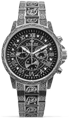 LOUIS XVI Palais Royale Inked 1722 - Montre pour homme - Diamètre 43 mm - Étanche - Avec verre saphir - Bracelet argenté - Cadran romain noir avec diamants - Mouvement à quartz suisse, argenté