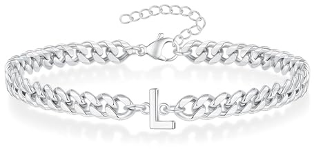 Angelra Pulseras de cadena de eslabones cubanos con inicial de plata para hombres, regalos de Navidad, pulsera de letras significativas para mujeres, regalos únicos para el día del padre para marido