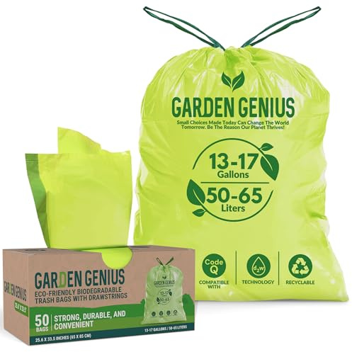 Biodegradable 13-17 Gallon Code-Q Trash Bags (50 Pack) | Strong Heavy-Duty Tall Green Kitchen Bags w/Drawstring | Fits Simplehuman & Standard Cans | Eco-Friendly D2W, 30 Micron Thick | 25.6 x 33.5